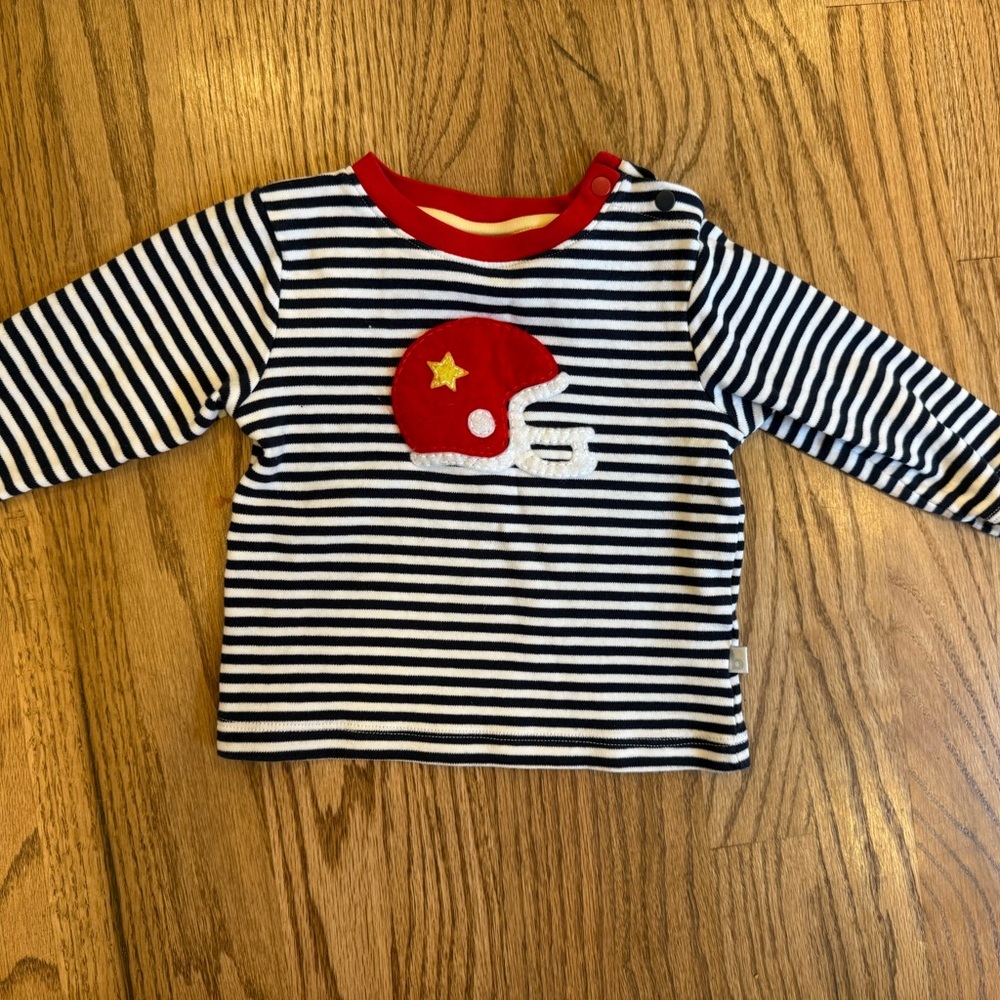 Bella Bliss. Striped Navy and White Kids Shirt with Red Helmet Design